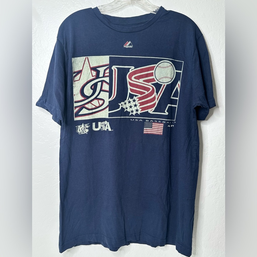 Majestic Triple‎ Peak Shirt Mens Size L Blue USA Baseball American Flag Sports